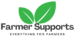 Farmer Supports featuring vibrant green leaves, signifying growth and sustainability, prominently placed above the company name and tagline "EVERYTHING FOR FARMERS," reflecting their dedication to the agricultural community.