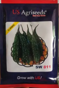 US Agriseeds F1 Hybrid SW 811 Bitter Gourd seeds packet, high-yield hybrid variety producing uniform, green, medium-sized bitter gourds suitable for commercial farming and home vegetable gardens.