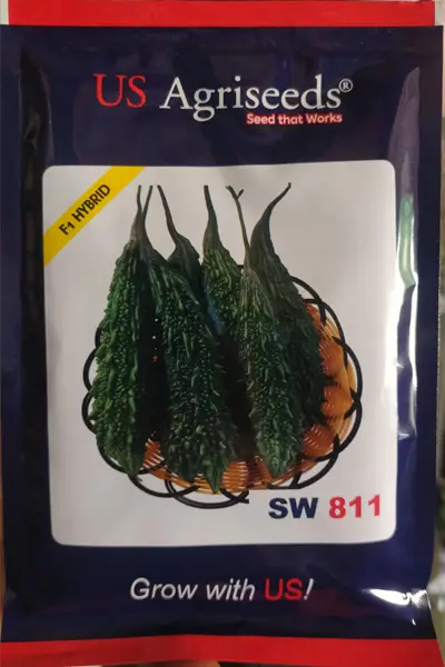 US Agriseeds F1 Hybrid SW 811 Bitter Gourd seeds packet, high-yield hybrid variety producing uniform, green, medium-sized bitter gourds suitable for commercial farming and home vegetable gardens.