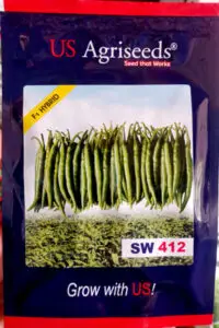 US Agriseeds F1 Hybrid SW412 Chilli seeds packet, high-yield hybrid chilli variety producing uniform, medium to hot green chillies suitable for commercial farming and home vegetable gardens.